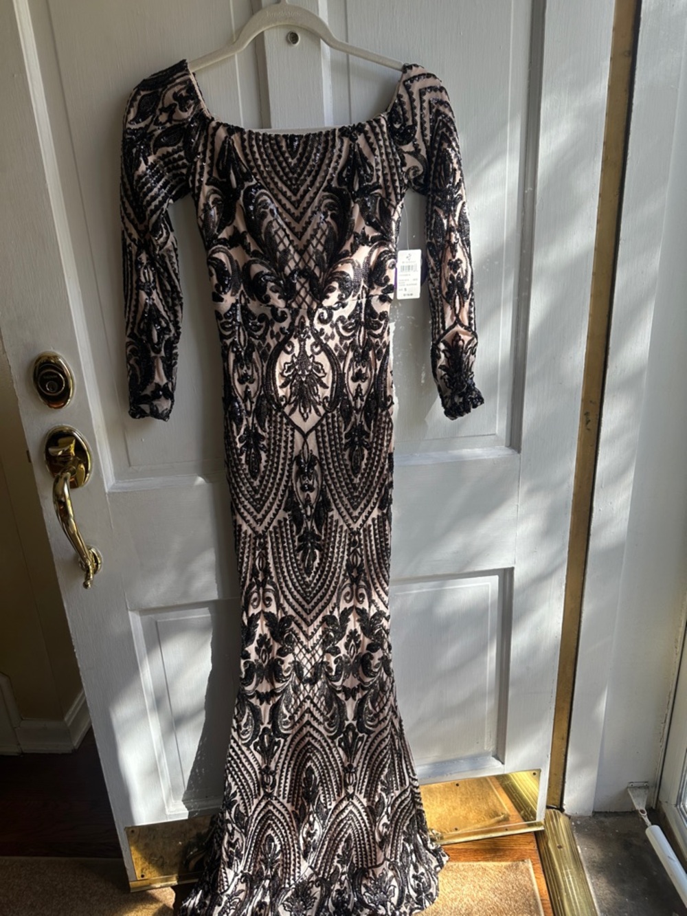Windsor Long Sleeve Sequin Gown in Blush and Black